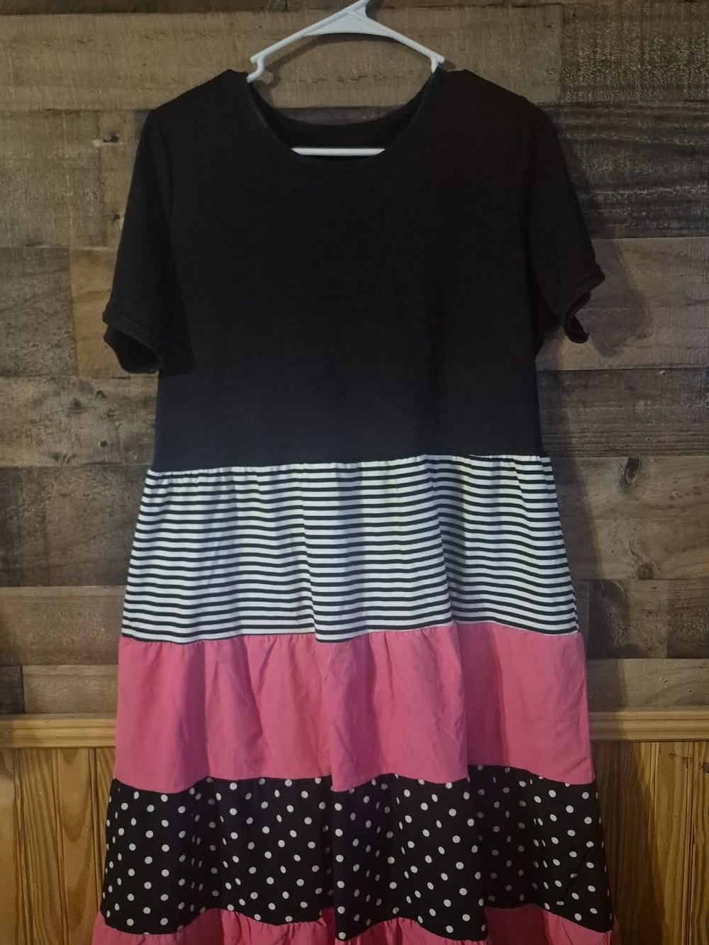 Black & Pink Tiered Cotton Dress with Stripes and Polka Dots